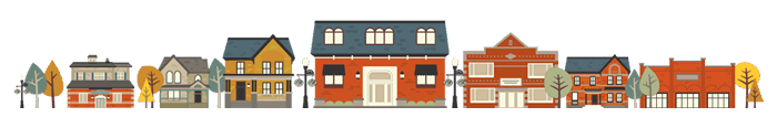 Illustrated row of houses & buildings